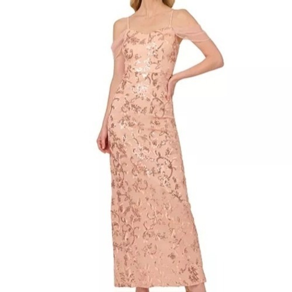 Adrianna Papell Sequinned Embroidered Rose Gold Evening Gown Womens Size 18W NWT